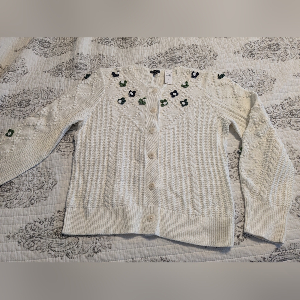 Talbots Cream Colored Cardigan with Green and Blue Embroidery Flowers